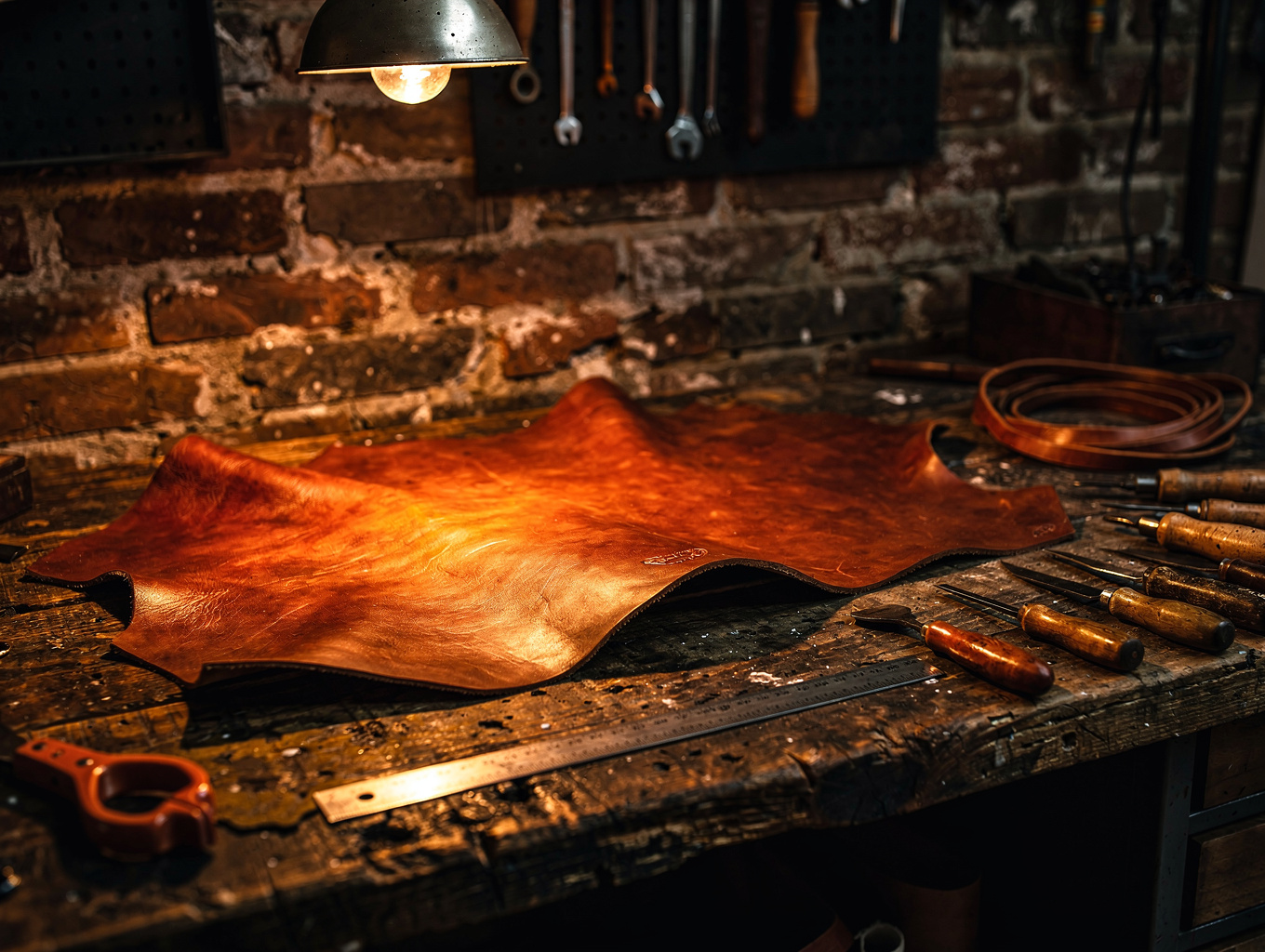 Rhino Collars leatherworking bench with leather, hand tools, and metal hardware