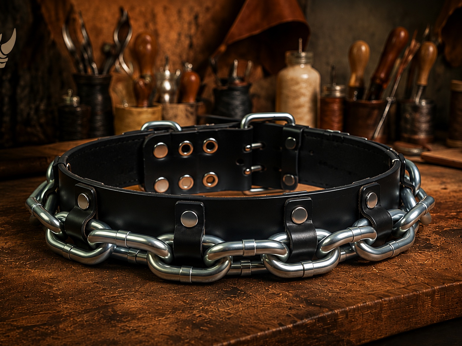 THE ALPHA handmade black latigo leather and stainless steel chain dog collar on a workbench