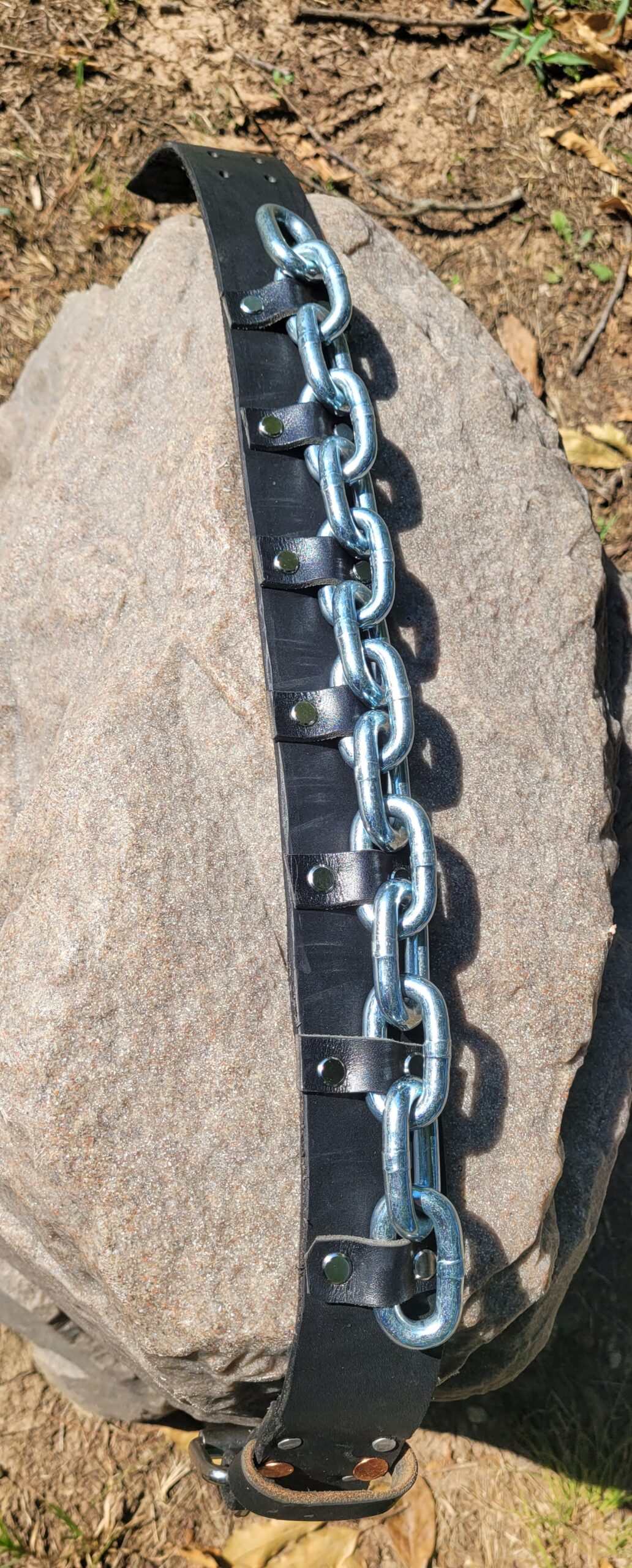 THE ALPHA leather dog collar showing Rhino Collars signature riveted steel chain